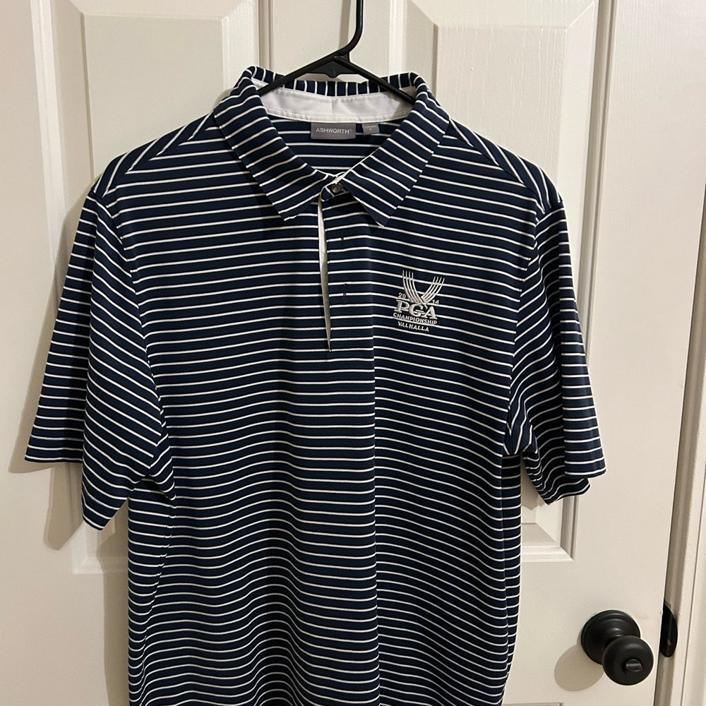 Ashworth Navy and White Striped Golf Polo
